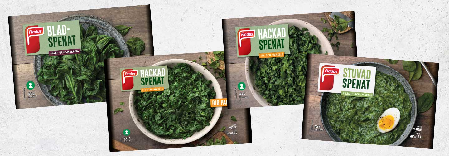 Findus spenatsortiment i miljövänlig påse; bladspenat, hackad spenat big pack, hackad spenat samt stuvad spenat