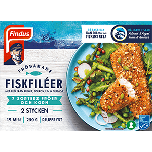 Fröbakade fiskfiléer Findus förpackning