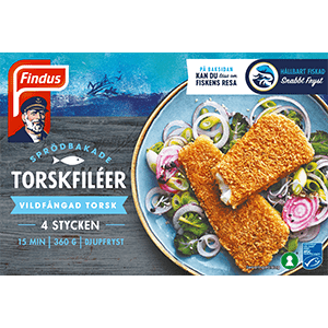 Sprödbakade torskfiléer Findus förpackning