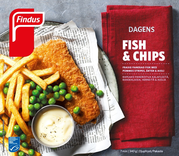 Dagens fish & chips förpackning findus