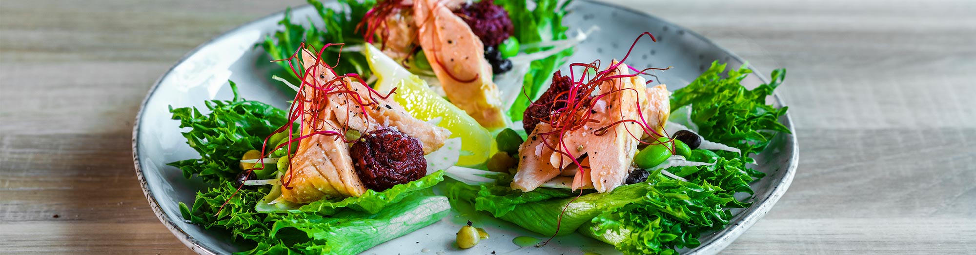 Lax med bönor och rödbetshummus i salladsblad